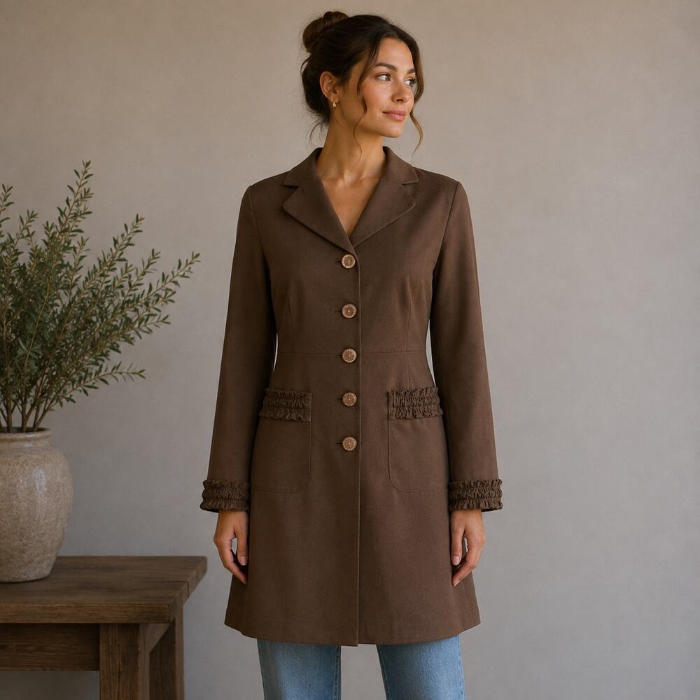 Nine West Brown 5 Button Ruffle Detail   Trench coat XS